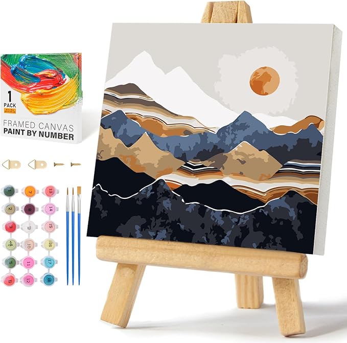 Framed Paint by Numbers Kit for Adults Beginners & Kids Ages 8-12, Abstract Mountain Acrylic Easy Paint by Number with Frame, Paint by Number Kits on Canvas Framed (10 * 10 Inch, without Easel)
