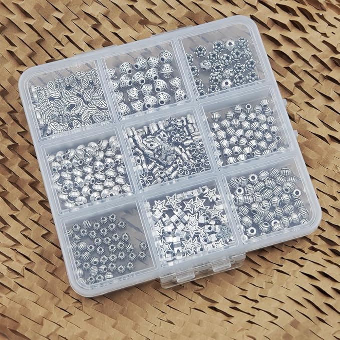 INSPIRELLE 450 Pieces Metal Alloy Spacer Beads Antique Silver Flower Butterfly Star Shaped Loose Beads for Jewelry Making and Crafting