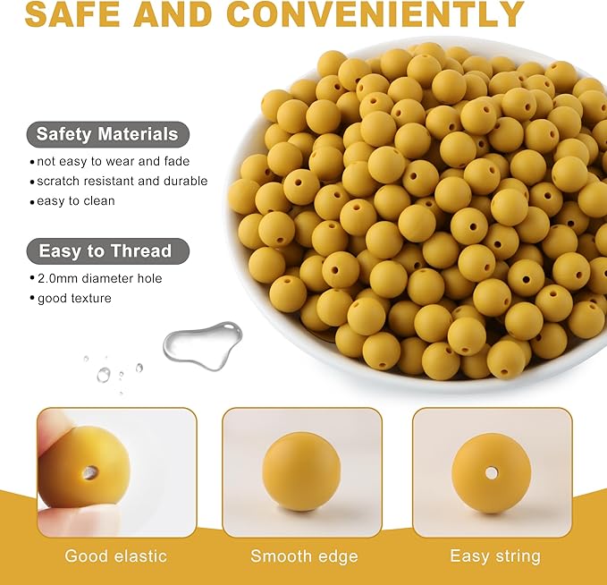160Pcs 12mm Silicone Beads for Keychain Making Bracelet Necklace, Bulk Round Silicone Beads for Pens(Mustard Yellow)