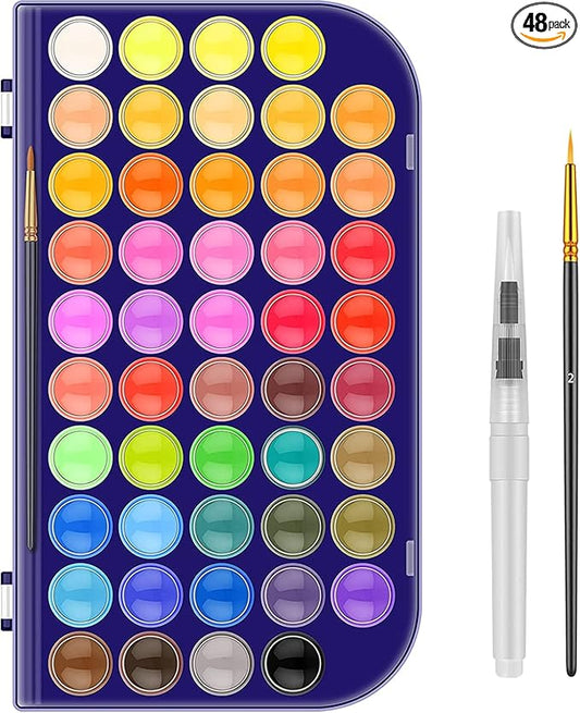 Paint Set, 48 Colors Non-toxic Watercolor Paint with a Brush Refillable a Water Brush Pen and Palette, Washable Water Color Paints Sets for Kids, Adults，and Artists