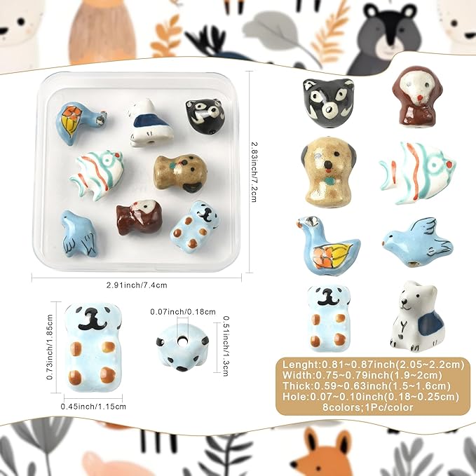 8Pcs Ceramic Porcelain Beads for Bracelets Making 8 Styles Monkey Wolf Dog Bear Fish Bird Handmade Famille Rose Ceramic Spacer Beads for DIY Jewelry Necklaces Earrings Keychains Crafting