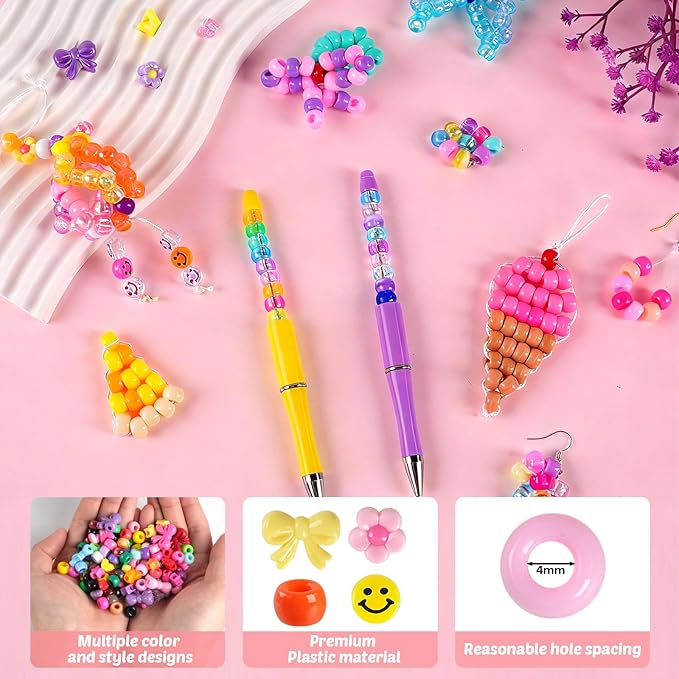 1000Pcs Pony Beads for Bracelets, Colourful Plastic Pony Beads Bulk, 6×9mm Friendship Shape Bead for Jewelry Making Heart Bow Tie Star for DIY Hair Braiding Keychains Necklaces Crafts Party Supplies
