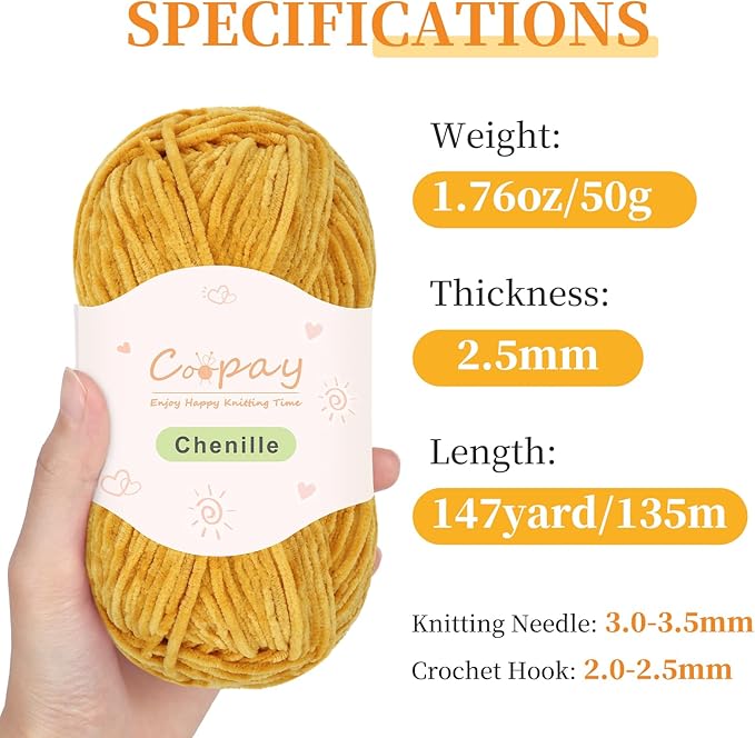 Coopay Skinny Chenille Yarn for Crocheting and Knitting, 12 Pack of 50g/1.76oz-1764yd Total, Soft Velvet Yarn of Baby Weights - Suitable for Baby Blankets, Plush Toys - Super Soft (Yellow Gradient)