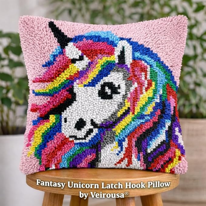 Fantasy Unicorn Latch Hook Kits for Adults Kids, Beginners DIY Throw Pillow Kit Pre-printed Pillowcase Hook and Latch Rug Kits Cross-stitch Cushion Cover for Home Sofa Decor Gift Idea 17x17 inch