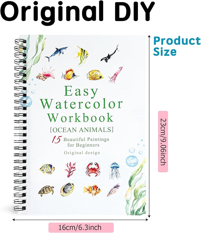 SLWBZ Watercolor Workbook Ocean Animals, 15 Different Patterns of Original DIY Designs, Beginner-Friendly Watercolor Workbooks, (Ocean Animals, Without Palette)