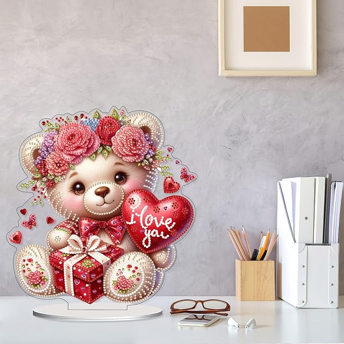 VODAPYC Mother's Day Diamond Art Tabletop Painting Kit, DIY Stand Up Double Sided Special Shaped Diamond Painting Desktop Ornament(Little Bear of Love)