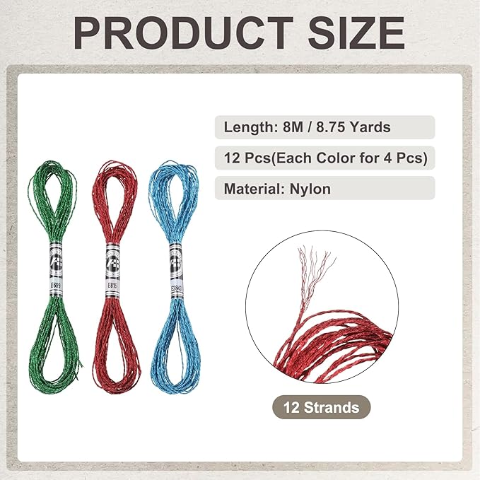 PATIKIL 12 Skeins Embroidery Floss, Metallic Embroidery Thread Nylon Threads Bracelets String for Cross-Stitch Hand Embroidery, Blue/Dark Green/Red