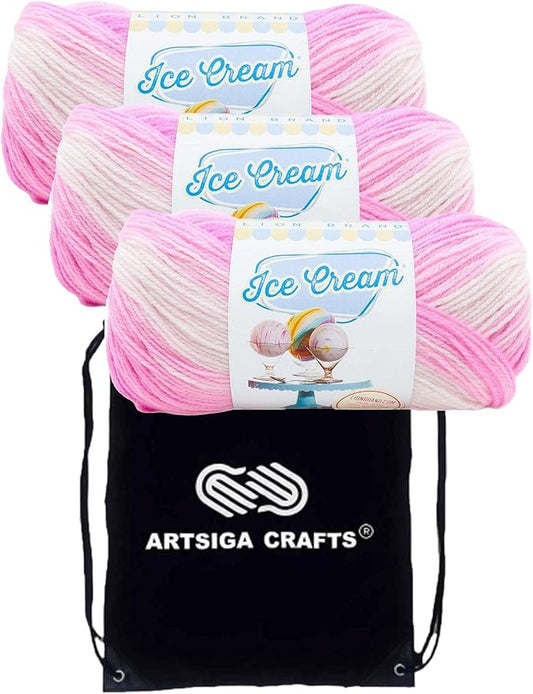 Lion Brand Ice Cream Birthday Cake 923-209 (3-Skeins - Same Dye Lot) Baby Sport #2 Acrylic Yarn for Crocheting and Knitting with Project Bag