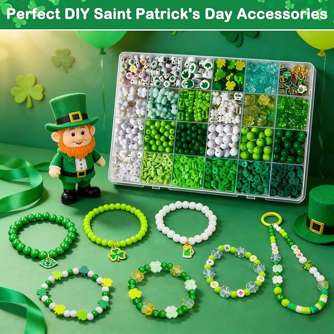 2050+Pcs St. Patricks Day Jewelry Making Kit – Irish Shamrock & Four Leaf Clover Charms Green Polymer Clay Heishi Acrylic Round Beads for DIY Bracelets Necklaces Earrings Craft - Party Favors & Gifts