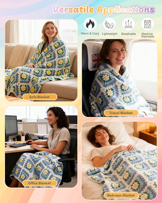 Coopay 3D Blanket Crochet Kit for Beginners, All-in-One Granny Square Blanket Kit with Step-by-Step Video & Enough Yarns - Master 3D Granny Square Crocheting Easily, Ideal Gift for Craft Lovers (Blue)