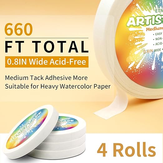 4 Packs White Art Tape Medium Tack Artist Masking Tape Paper Acid Free Tape Watercolor Painters Tape Artists Tape for Drafting Art Watercolor Painting Canvas Framing, 0.8 inch Wide 660FT Long