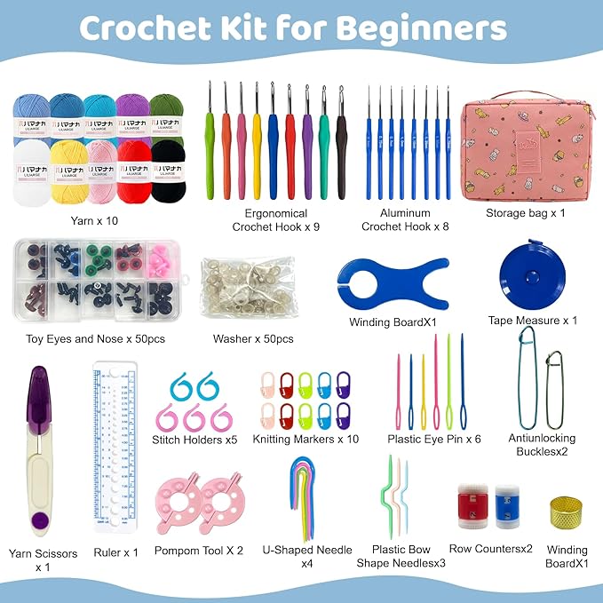 HYHJMISTY Crochet Kit for Beginners Adults, 167 PCS Knitting Kit with Ergonomic Hooks, Portable Crochet Kits Include 10 Color Yarn, Crocheting, Accessories and Bag