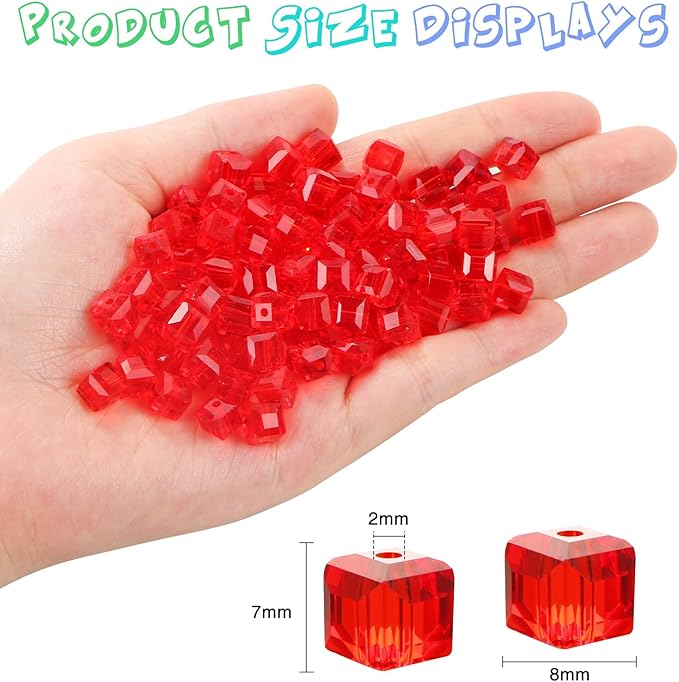 100 Pcs 8mm Cube Crystal Glass Beads for Jewelry Making, Square Crystal Beads with Box, Crystal Spacer Beads for DIY Craft Bracelets Charms Wind Chimes (Red)