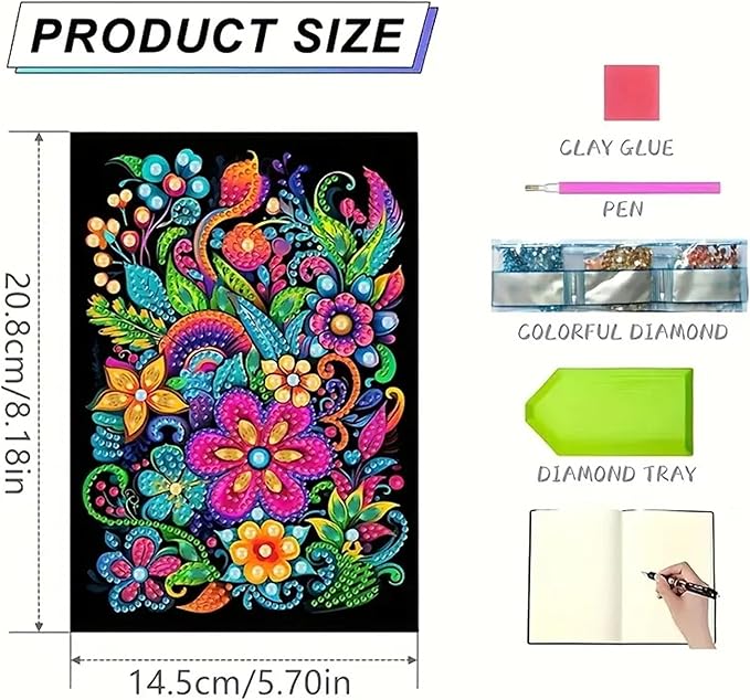 Flower Diamond Painting Notebook for Adults, A5 Diamonds Art Journal and DIY Sketchbook, Diamond Art Kit Supplies,Gift for Beginners, Craft Lovers, Artists. (Flower)