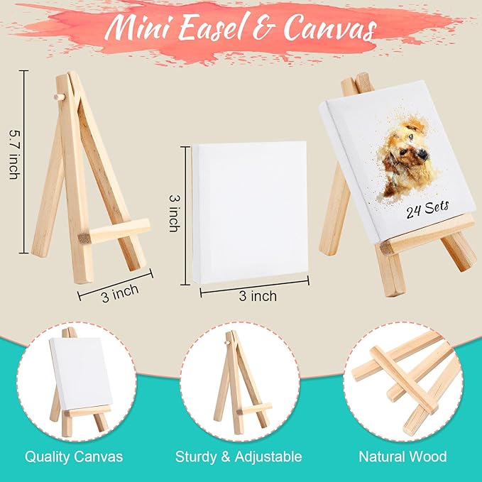 24 Sets Mini Paint Canvas Kit Mini Acrylic Art Party Favor Watercolor Painting Set with Panel Wood Easel Small Art Strips Palettes Brush for Kids Adults School Classroom Party Supplies Birthday Gift
