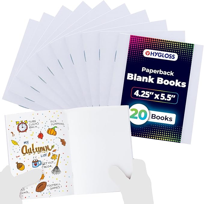 hygloss blank books - bulk 20 pack – 4.25" x 5.5" a6 white paperback blank books for kids to write stories, doodle, arts & crafts – plain drawing sketchbook, unlined journal, notebook without lines