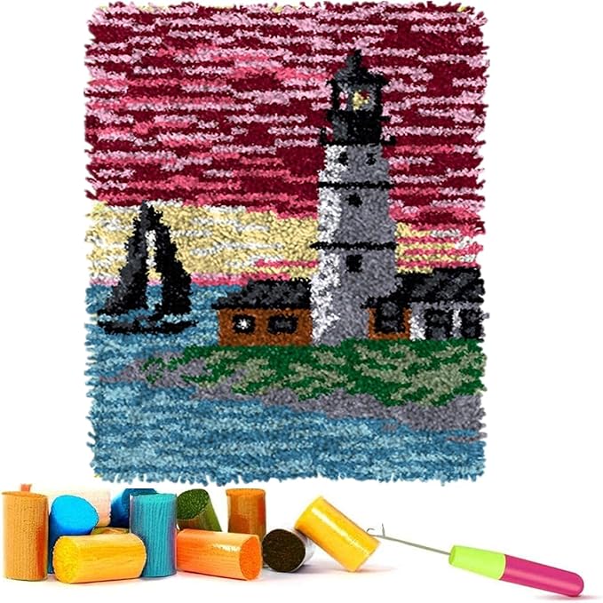 EMISTEM Latch Hook Kits for Adults - DIY Latch Hook Rug Kits, Crochet Kit for Beginners, Rug Making Kits with Printed Canvas, Gift Packaging.(Lighthouse and Sailboat, 20x15)