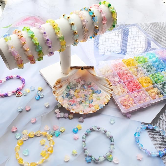 1000Pcs Matte Acrylic Star Beads Hart Beads for Jewelry Making Frosted Gold Foil Acrylic Beads Pastel Beads Colorful Assorted Bead Cute Aesthetic Kawaii Bead for Bracelet DIY Craft Earring Phone Charm