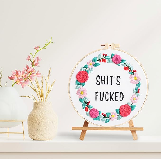 Louise Maelys Funny Embroidery Kit for Beginners,Cross Stitch Kits for Adults,Flower Wreath Needlepoint for Starters Including Instruction and Threads