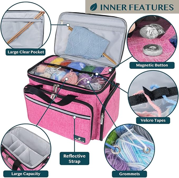 PAVILIA Knitting Bag Yarn Storage Tote, Large Crochet Organizer Bag, Yarn Storage Holder for Crocheting Knitter, Knitting Project Bag, Crochet Accessories Set, Gifts For Crochet Lovers, Heather Pink