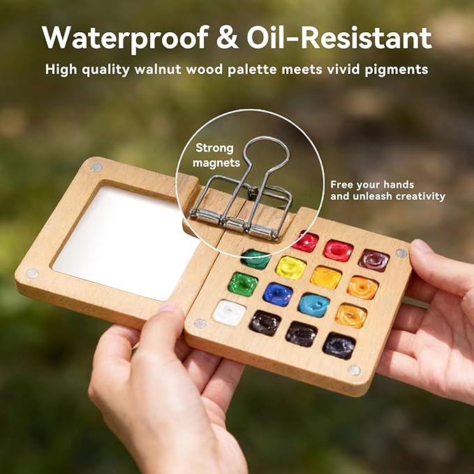 Mini Watercolor Kit Travel Set Pocket Watercolor Set with Wooden 15-Grid Palette, Crossbody Bag, 24 Colors Paint, 3 Brushes, Copper Clip & Sketchbook for Travel Painting