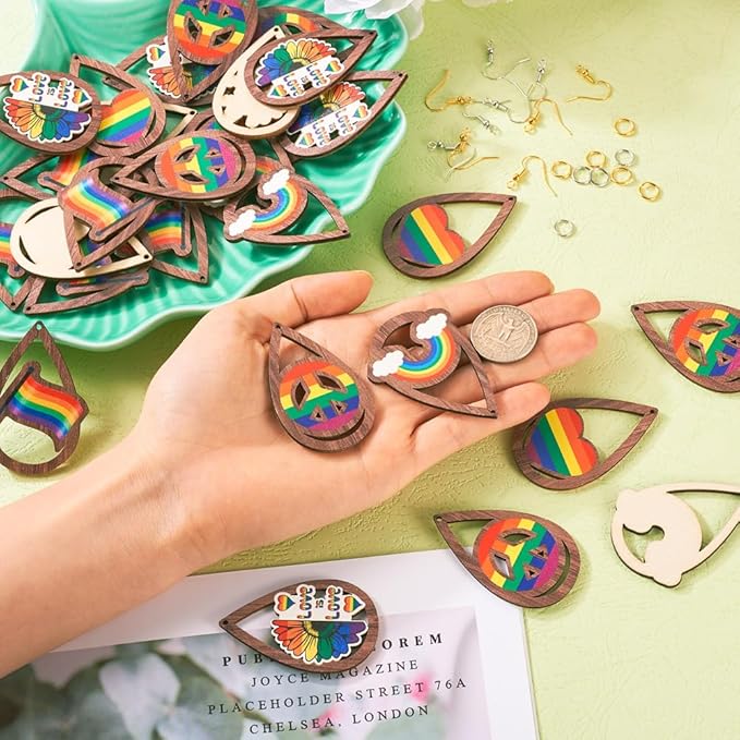 40pcs Gay Pride Wooden Earring Charms Rainbow Flat Teardrop Wood Pendants with Ear Hooks & Jump Rings for Pride Events Gay Month Parade DIY Jewelry Hanging Ornament Making