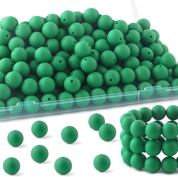 150Pcs 15mm Silicone Beads for Keychain Making Bracelet Necklace, Bulk Round Silicone Beads for Pens（Christmas Green）