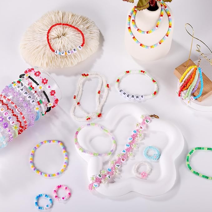 Funtopia 34000pcs+ 3mm Seed Beads for Jewelry Making, 5 Types 120 Colors Small Glass Beads for Bracelets, Friendship Bracelet Kit with Alphabet Letter Beads Smile Face Beads for DIY, Art and Craft