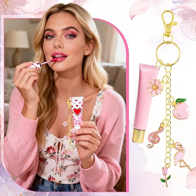 PYURTHITY 254 Pcs Pink Charms Lip Gloss Keychain Making Kit Include Pink Gold Enamel Charms Keychain Clips Extender Chains Jump Ring Plier DIY Jewelry Crafts Gifts for Women Adults