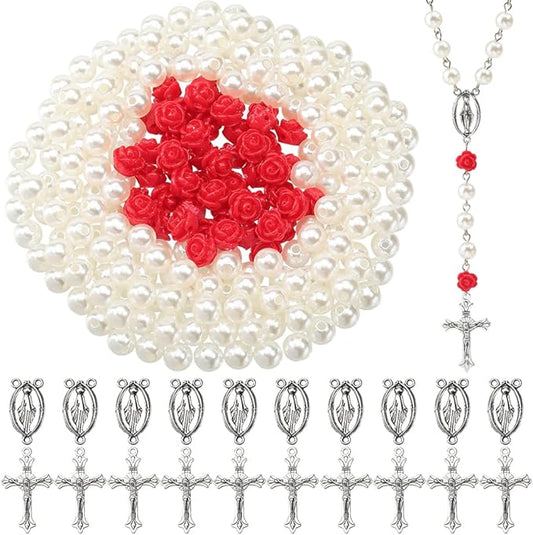 SUNNYCLUE 480Pcs Rosary Making Kit Crucifix Rosary Charms Crucifix Pendants Easter Cross Link Charms Red Rose Flower Bead Imitation Pearl Beads for Jewelry Making Supplies DIY Necklace Bracelet