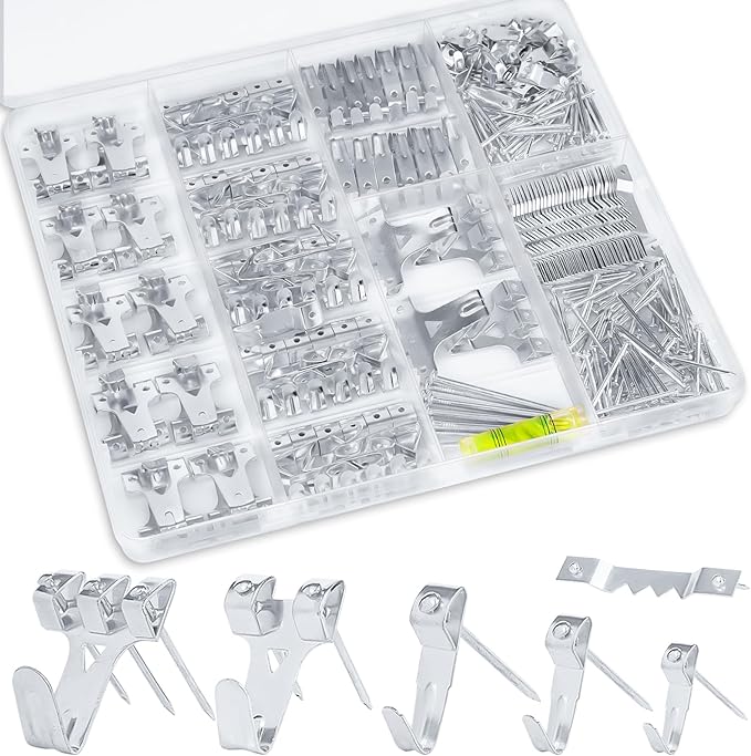 KURUI Picture Hanging Kit for Wall Decor, Frame, Painting, Art, Photo, 385Pcs Picture Hangers with Heavy Duty Hooks, Sawtooth, Hardware Nails, Wall Hangers for Bedroom Office Classroom (Silver)