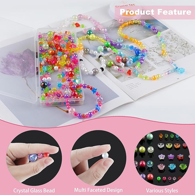 650 Pcs Crystal Beads for Jewelry Making,Sparkly Crystal Acrylic Bead DIY for Bracelets Craft Earrings Necklaces Making,Assorted Rondelle/Heart/Flower/Star Bulk Beads with Elastic String and Box