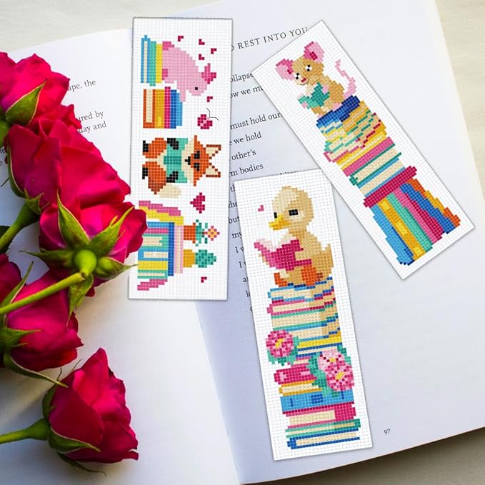 ORIGACH 6 Set Reading Animals & Book Stacks Cross Stitch Bookmark Kit for Beginner with Backing Felt Floss Instructions DIY Stamped Embroidery Bookmark Kit for Adults, Book Lovers
