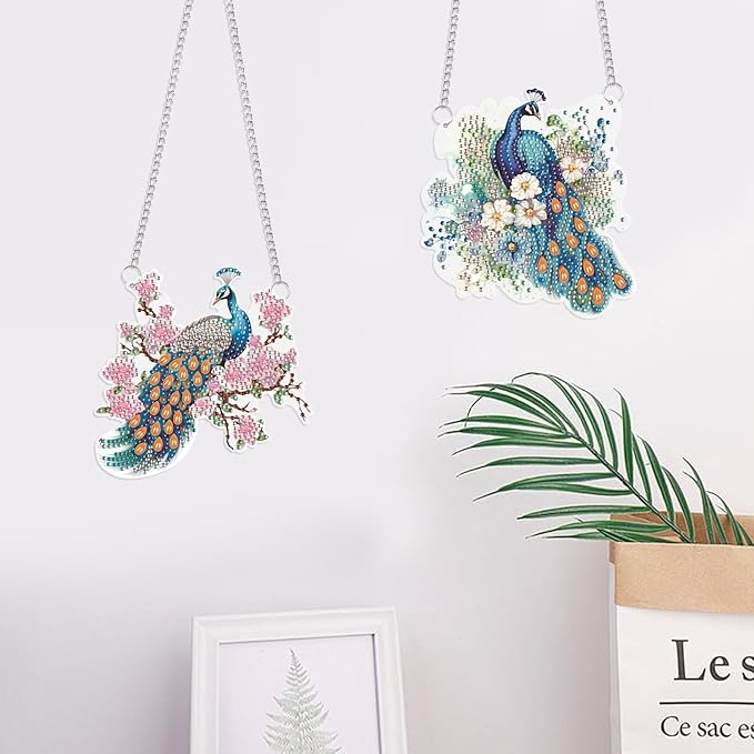 2 Pack Diamond Painting Peacock Hanging Ornaments – DIY Crystal Art Sun Catcher Kit for Window, Wall or Car – Elegant Decorative Gift for Women, Nature & Bird Lovers