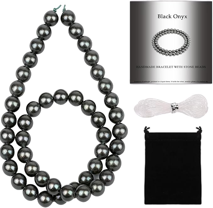 Stone Beads, 45pcs Black Onyx, 8mm Round Loose Beads for Jewelry Making, Bracelets, with Bag, String & Card