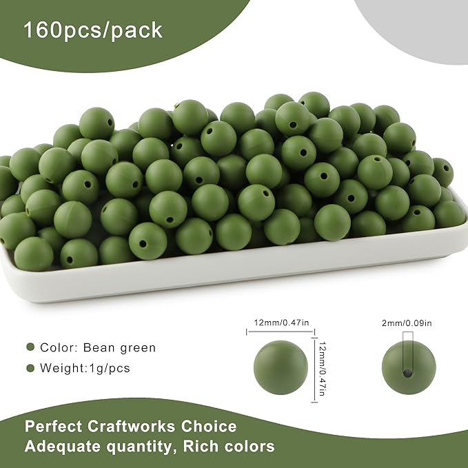 160Pcs 12mm Silicone Beads for Keychain Making Bracelet Necklace, Bulk Round Silicone Beads for Pens（Bean Green）