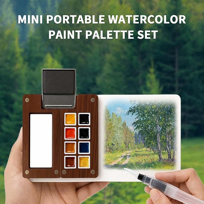 Mini Watercolor Paint Set - 3.7IN Mini Travel Watercolor Palette Set, Pocket Water Color Paint Palette Kit with 24 Colours, Sketchbook, Pens, Wooden Paints Box for Painters Artists