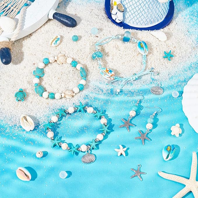 SUNNYCLUE 1 Box 210Pcs Starfish Bead Turtle Beads Lucky Turquoise Beads Bulk Summer Ocean Beads Sea Animal Charms Shell Beads Seashell Charms for Jewelry Making Beading Kits Women DIY Craft Supplies