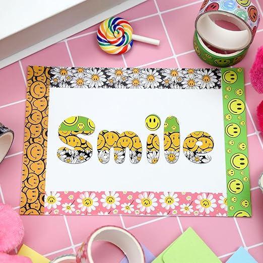 12 Rolls Smile Face Washi Tape Set, Cute Flower Decorative Tape, Colorful Cartoon Masking Tape for Journaling Supplies, Junk Journal, Scrapbooking, DIY Arts & Crafts Supplies