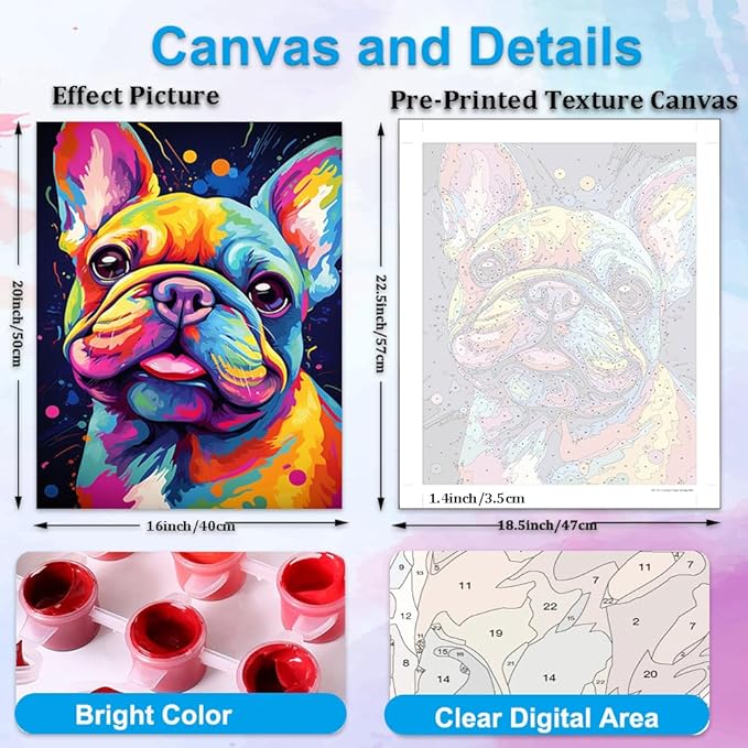 Artunion Colorful French Bulldog Paint by Numbers for Adults, Dog Animal Paint by Number Kits, DIY Oil Painting Paint by Number Kits on Canvas Arts Craft for Home Wall Decor 16x20 Inch