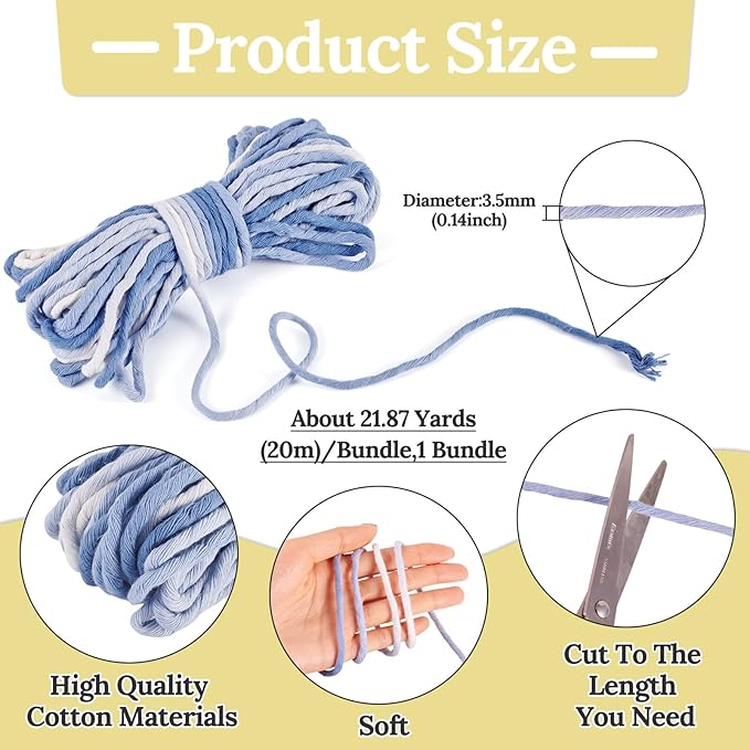 21.87 Yards Blue Single Strand Macrame Cord 3.5mm Gradient Colored Cotton Cord Colorful Twine Bohemia Soft Cotton Rope Yarn for DIY Crafts Knitting Crochet Wall Plant Hanger Home Project