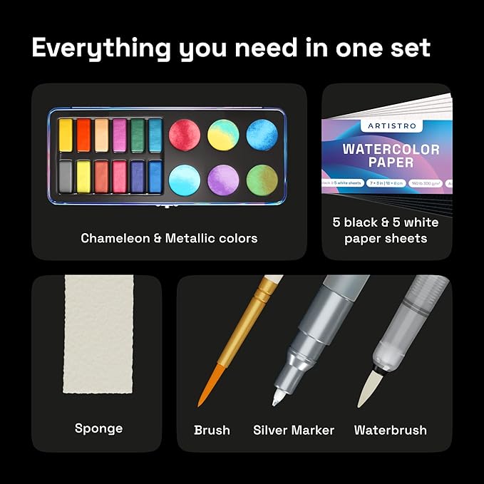ARTISTRO 48 Metallic Color Watercolor Paint Set - Portable Paint Art Kit with Palette and Brush Pens - Travel Water Color Set for Adults, Professionals, Kids - Art and Painting Supplies - Gift Idea