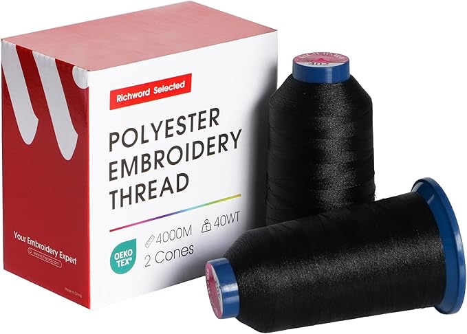 Poolin Embroidery Thread, Huge Spool Richword Selected 2 Rolls Black 4000M(4374Y) 40WT Polyester Thread for All Embroidery Machines