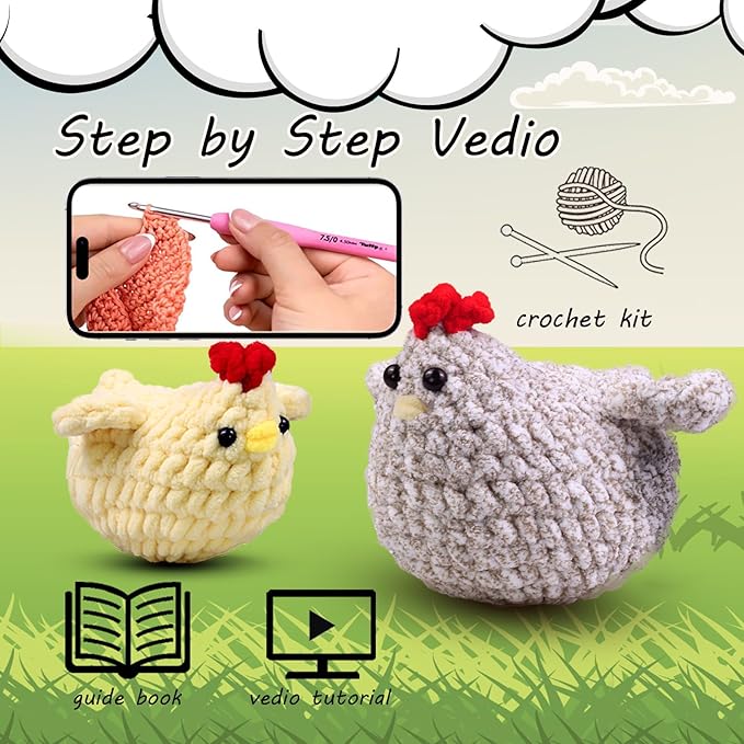 Crochet Kit for Beginners,Chicken Crochet Starter Kit with Step-by-Step Video Tutorials,Crochet Animal Kits for Adults,Chicken Crocheting Set Complete Included