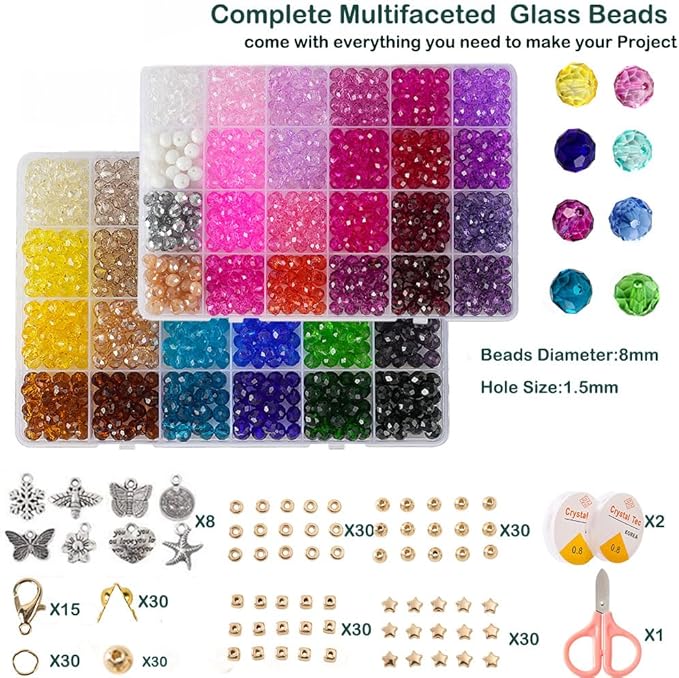 Faceted Glass Beads, 8mm 1400pcs+ Fancy Crystal Beads for Jewelry Making, Bracelet Necklace Earring Craft, Beading Supplies, Home Decor, Crafts Gifts for Girls Ages 6-12