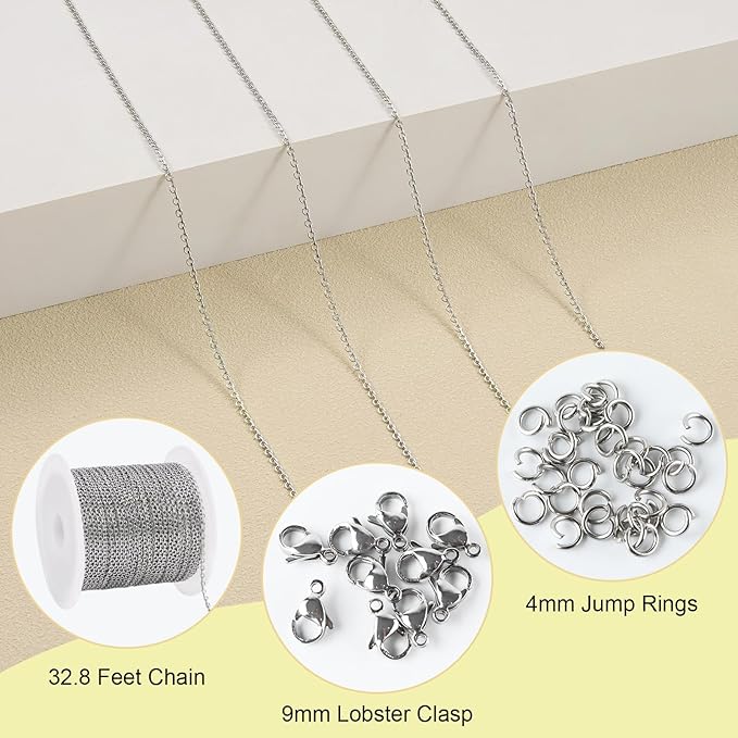 SMYHTGLIF 10 Meters Stainless Steel Jewelry Making Chains Silver Cable Rolo Chain with Lobster Clasps and Jump Rings for Jewelry Making