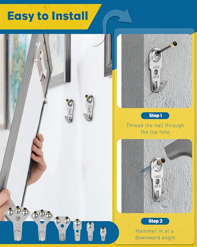 Uniclife 152 Pcs Picture Hanging Kit, 10 lb, 20 lb, 30 lb, 50 lb, 75 lb, 100 lb Heavy Duty Picture Hangers for Drywall & Wood, Picture Hanging Hooks, Frame Hooks, Silver