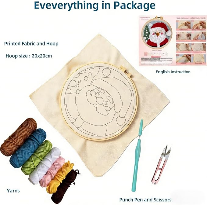 DIY Punch Needle Kits for Beginners Santa Claus with Hoop Punch Needle Starter Craft Embroidery Set Easy for Adults and Children Festival Gift and Decoration 20x20cm-9
