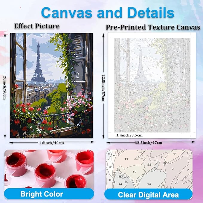 Artunion Paris Window View Paint by Numbers Kit for Adults, Eiffel Tower City Paint by Number Kits, DIY Oil Painting Paint by Number Kits on Canvas Arts Craft for Home Wall Decor 16x20 Inch