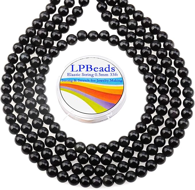LPBeads 200Pcs Polished 6mm Round Natural Black Obsidian Gemstone Loose Beads with Stretch Cord for Jewelry Making Bracelets